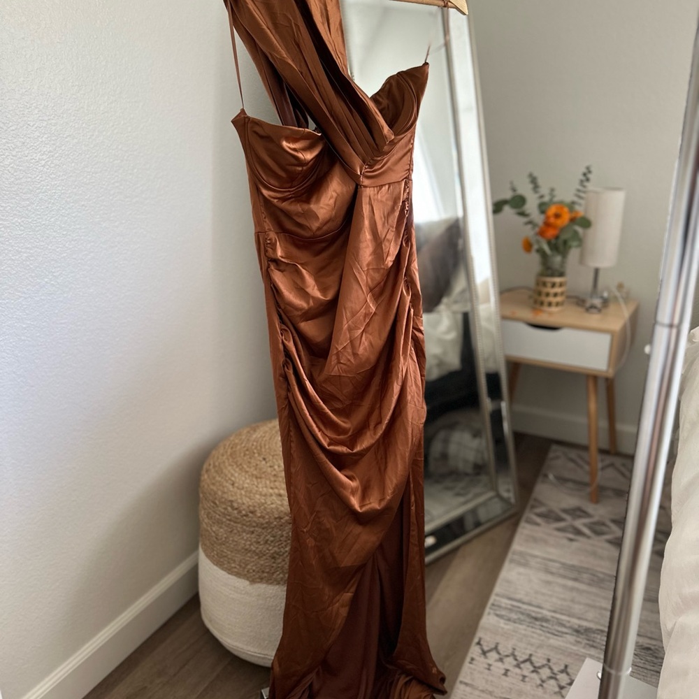 Fashion Nova Brown Ruched One Shoulder Gown NWT